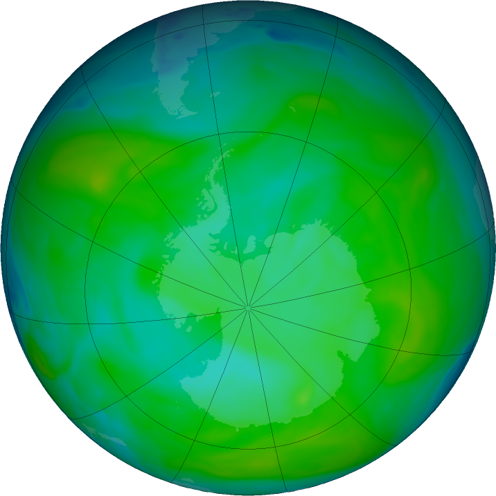 Antarctic ozone map for 01 January 2020